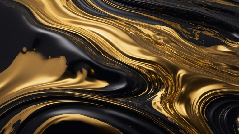 Black and gold liquid flowing in an abstract style, forming a sleek and elegant wallpaper background.