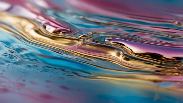 Close-up of golden liquid with blue and pink swirls, macro shot with soft-focus background.