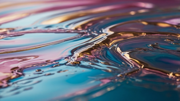 Close-up of pastel liquid swirls forming abstract patterns with reflections and soft blue, pink, purple, and gold tones.