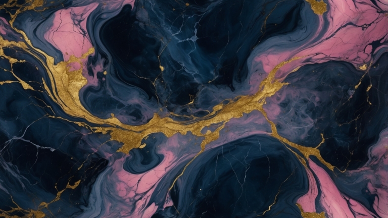 Elegant marble pattern with dark blue, pink, and gold swirls blended into a stylish background.