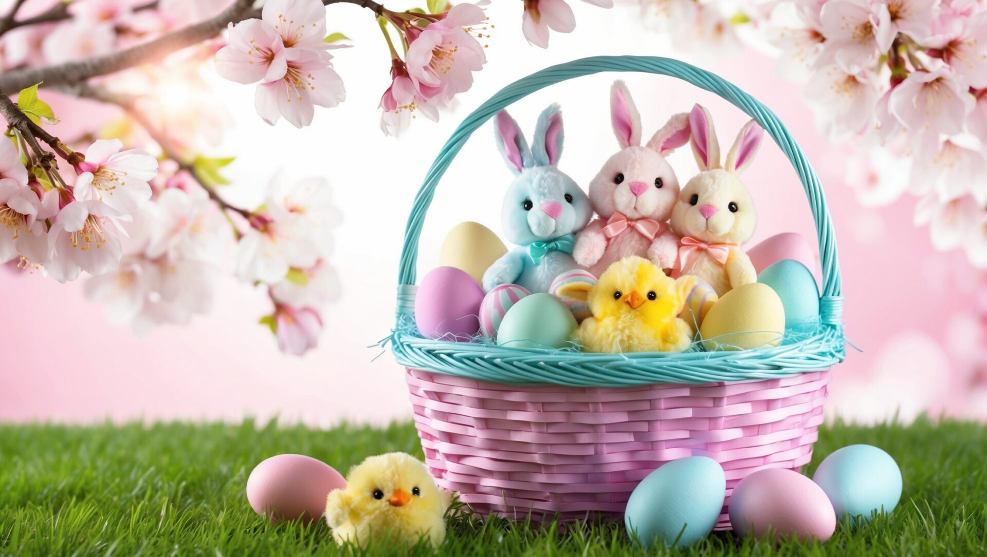 Easter basket with pastel eggs, bunnies, and chicks in grass, with cherry blossoms and soft pink-blue tones on white background.