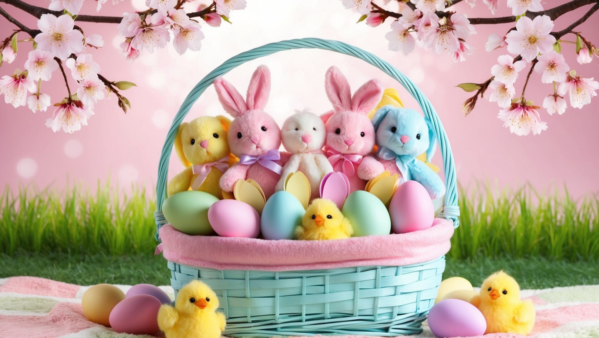 Easter basket with colorful eggs, bunnies, chicks, and cherry blossoms on a pastel pink background.