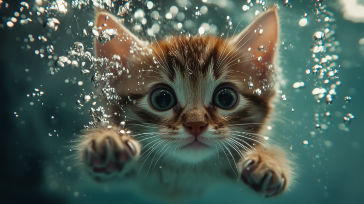 Underwater kitten looking at viewer, with splash effects and soft lighting in a natural, macro-style scene.