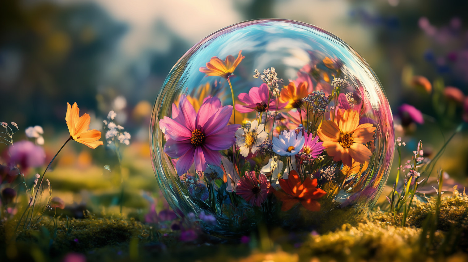 free ai abstract image of colorful wildflowers inside a glass sphere