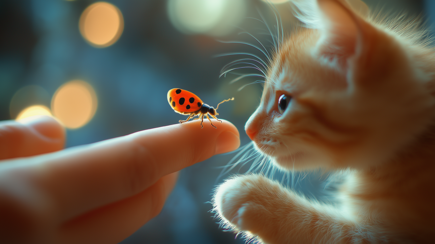 Ladybug on fingertip with kitten watching, warm tones and bokeh background in macro photo.
