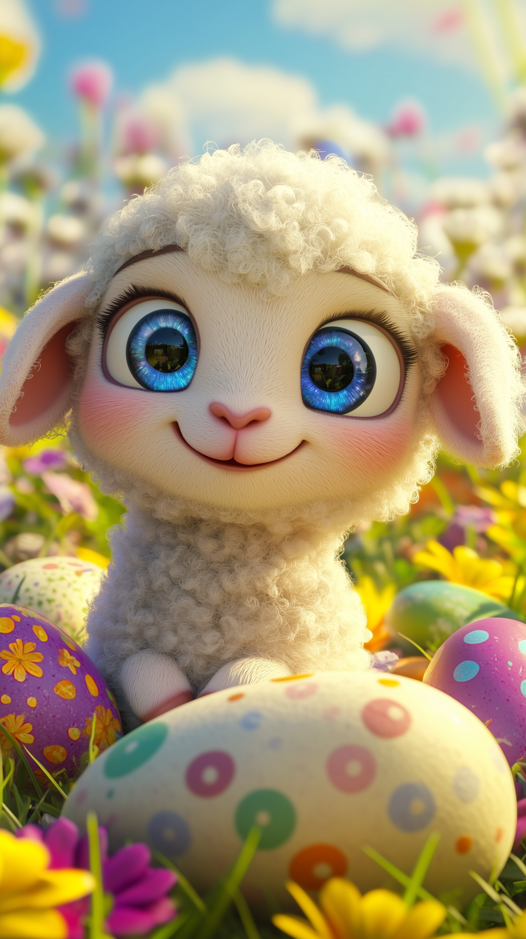 3D cute baby sheep with blue eyes sits in grass, surrounded by colorful Easter eggs, in a Disney Pixar style.