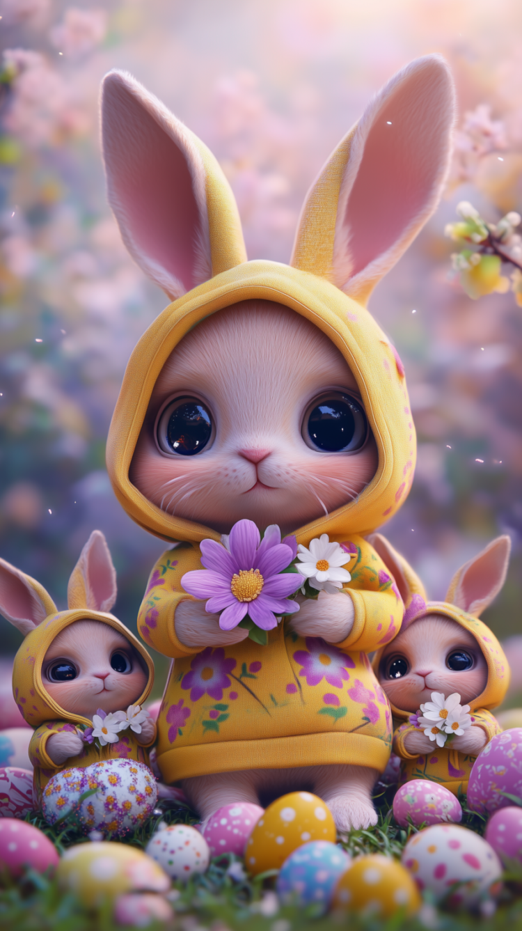 Cute 3D baby bunny in yellow hoodie with flowers, Easter eggs, and bunnies in pastel spring setting.