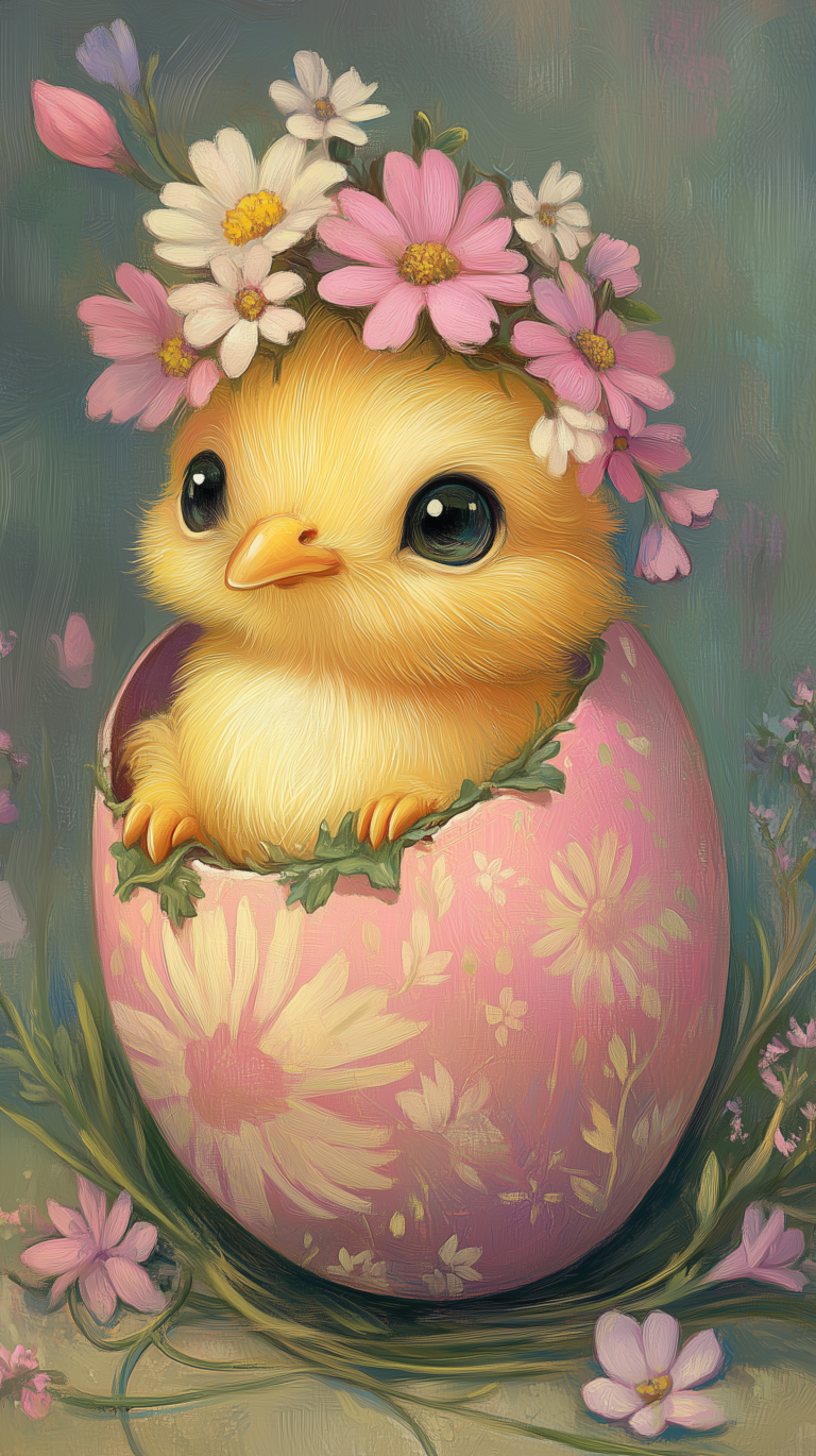 Yellow baby chick inside an Easter egg with flowers, set against a soft pastel background in a detailed digital painting.