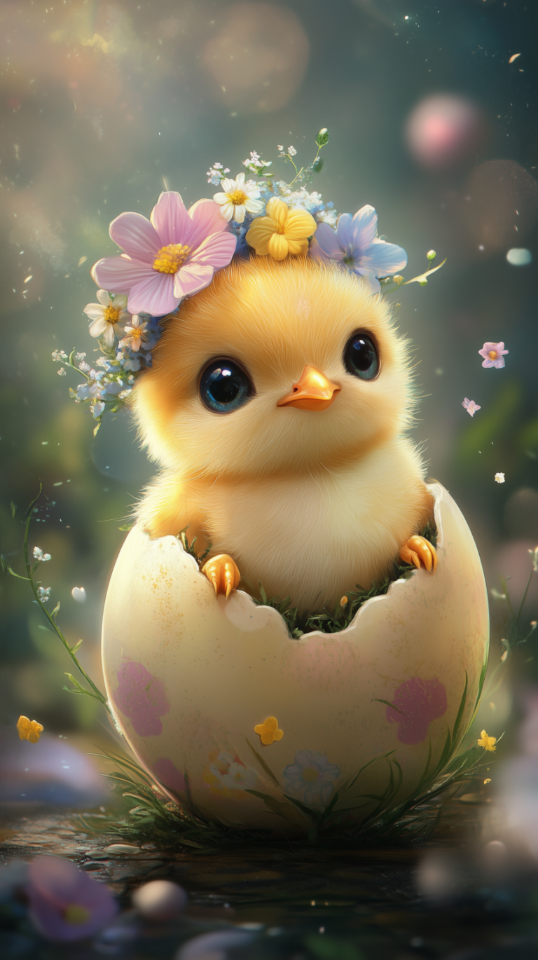 Yellow chick with flower crown hatching from egg, surrounded by flowers in cute cartoon fantasy style.