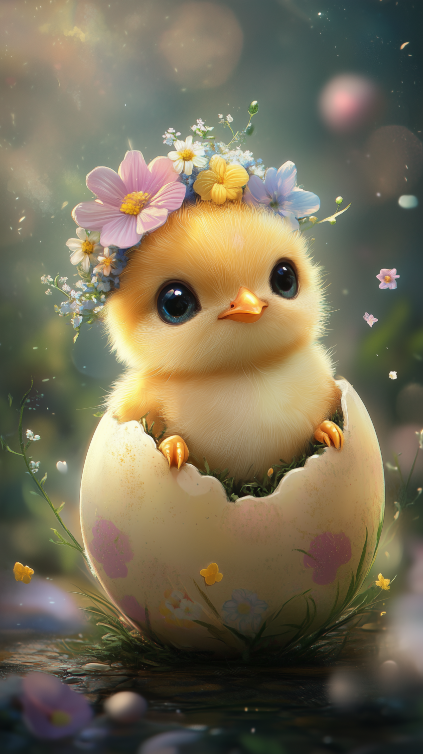Yellow chick with flower crown hatching from egg, surrounded by flowers in cute cartoon fantasy style.