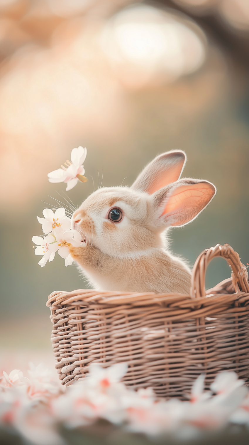 Cream-colored rabbit holding white flowers in a basket, surrounded by flying petals and soft natural light.