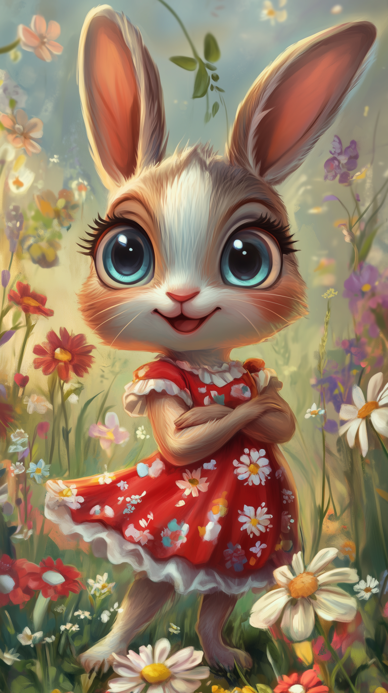 Cute bunny in red dress with big blue eyes, standing in a flower meadow in Disney cartoon style.