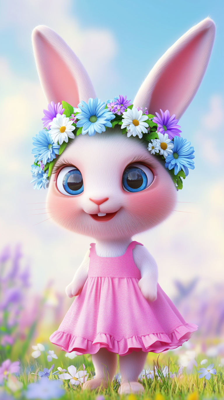Smiling cartoon bunny in pink dress and flower wreath standing in a colorful meadow, 3D Pixar-style illustration.