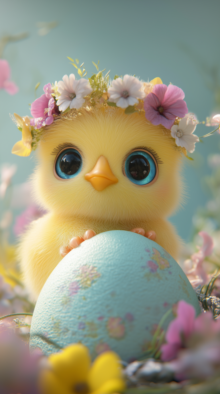 Yellow chick with big blue eyes and floral crown holding Easter egg, in pastel 3D cartoon style with soft lighting.