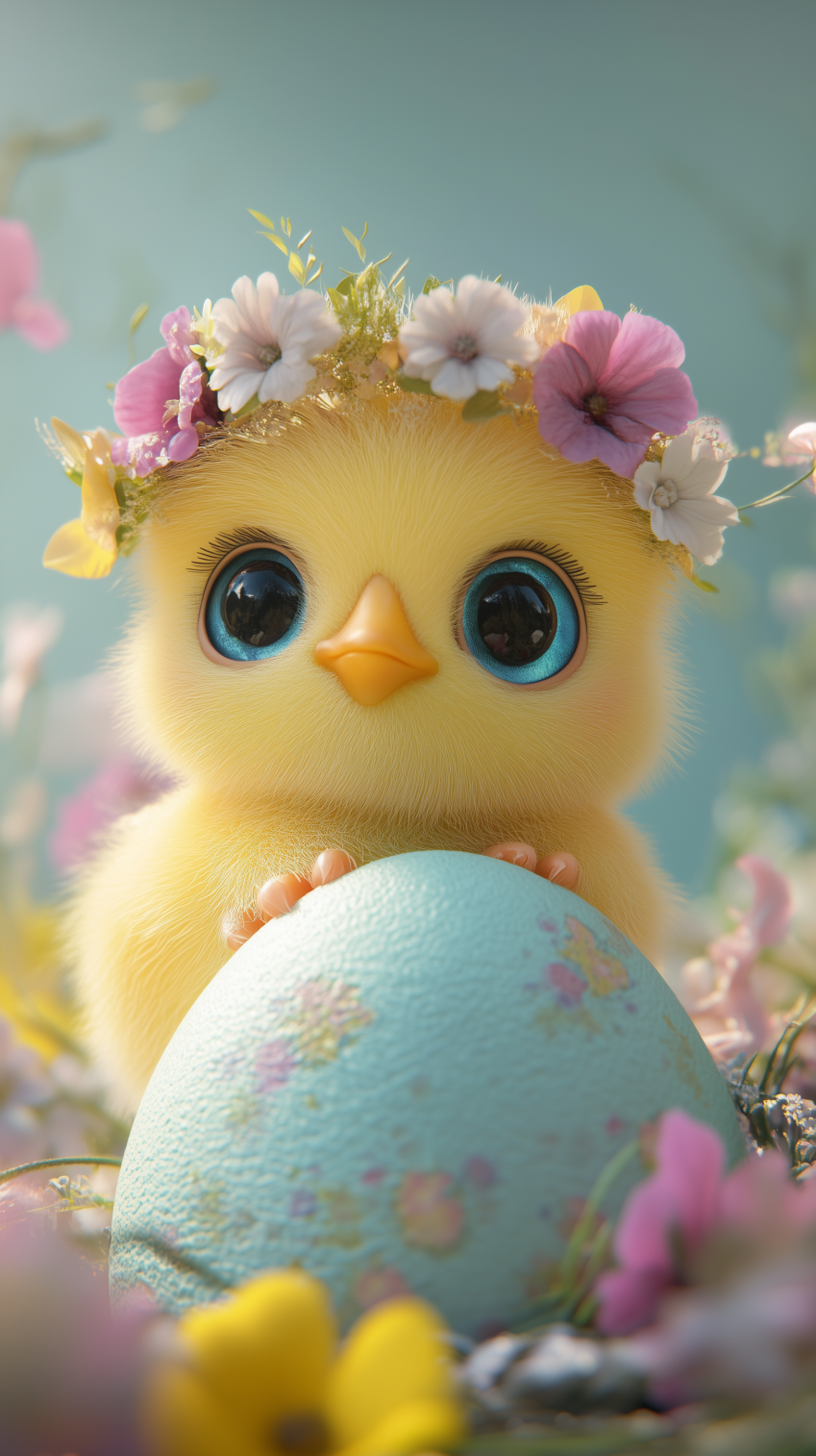 Yellow chick with big blue eyes and floral crown holding Easter egg, in pastel 3D cartoon style with soft lighting.