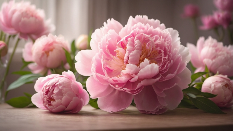 Blooming pink peonies on wooden table with window light, creating a warm and cozy floral scene.