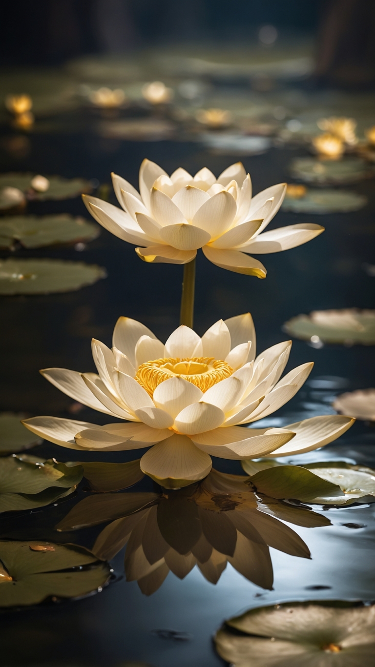 Two white lotus flowers with yellow stamens float on water, reflecting perfectly on the dark lake under sunlight.