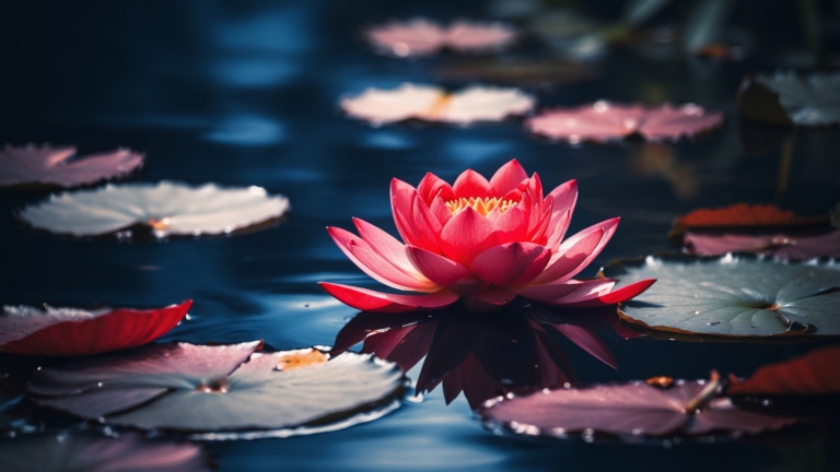 A red lotus flower floats on water, surrounded by pink and green lily pads, set against a dark blue background.