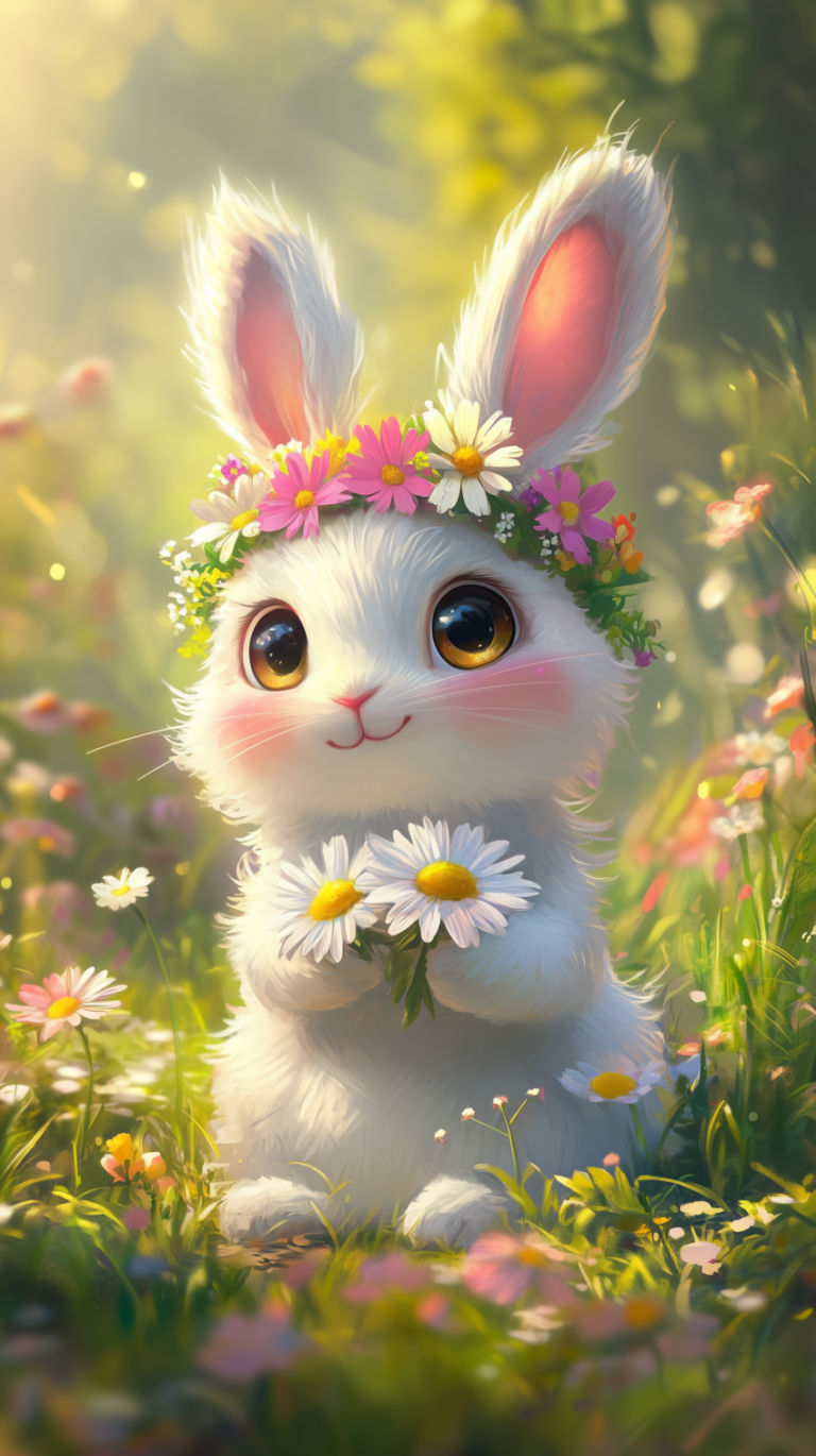 White bunny with daisy wreath in a sunny flower field, digital illustration with warm lighting and cheerful mood.