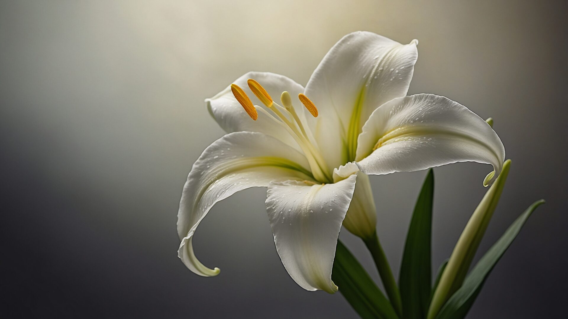 White Easter lily flower against a grey background, symbolizing Orthodox Easter floral traditions.
