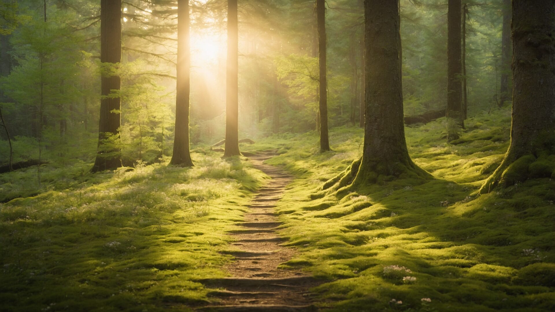 Sunlit forest path with moss-covered trees and lush greenery, creating a serene and tranquil nature scene.