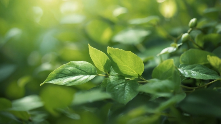 Sunlit green leaves on tree with copy space, symbolizing nature and environment in a close-up photo.