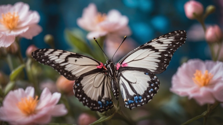 Close-up of black and white butterfly on pink flowers with sharp focus, soft natural light, and blue background.