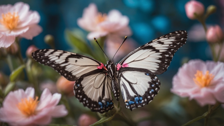 Close-up of black and white butterfly on pink flowers with sharp focus, soft natural light, and blue background.