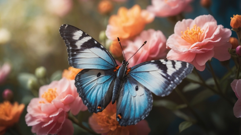 Blue butterfly with black edges on pink and orange flowers, with soft blurred background for dreamy effect.