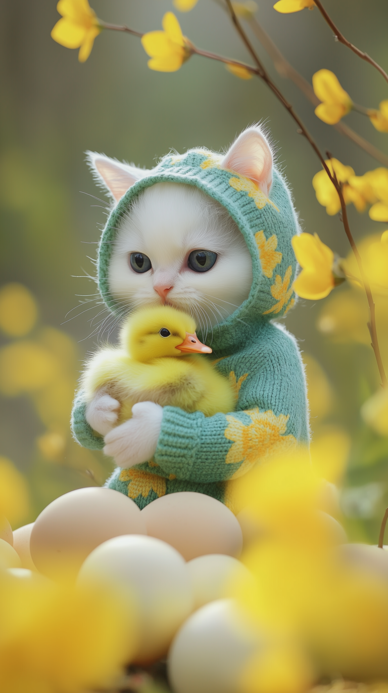 White kitten in sweater cuddling yellow duck, surrounded by eggs and flowers in a natural, cute setting.