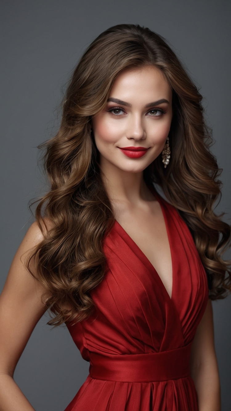 Beautiful woman with wavy brown hair in red dress, posing with smoky eyes makeup against gray background.