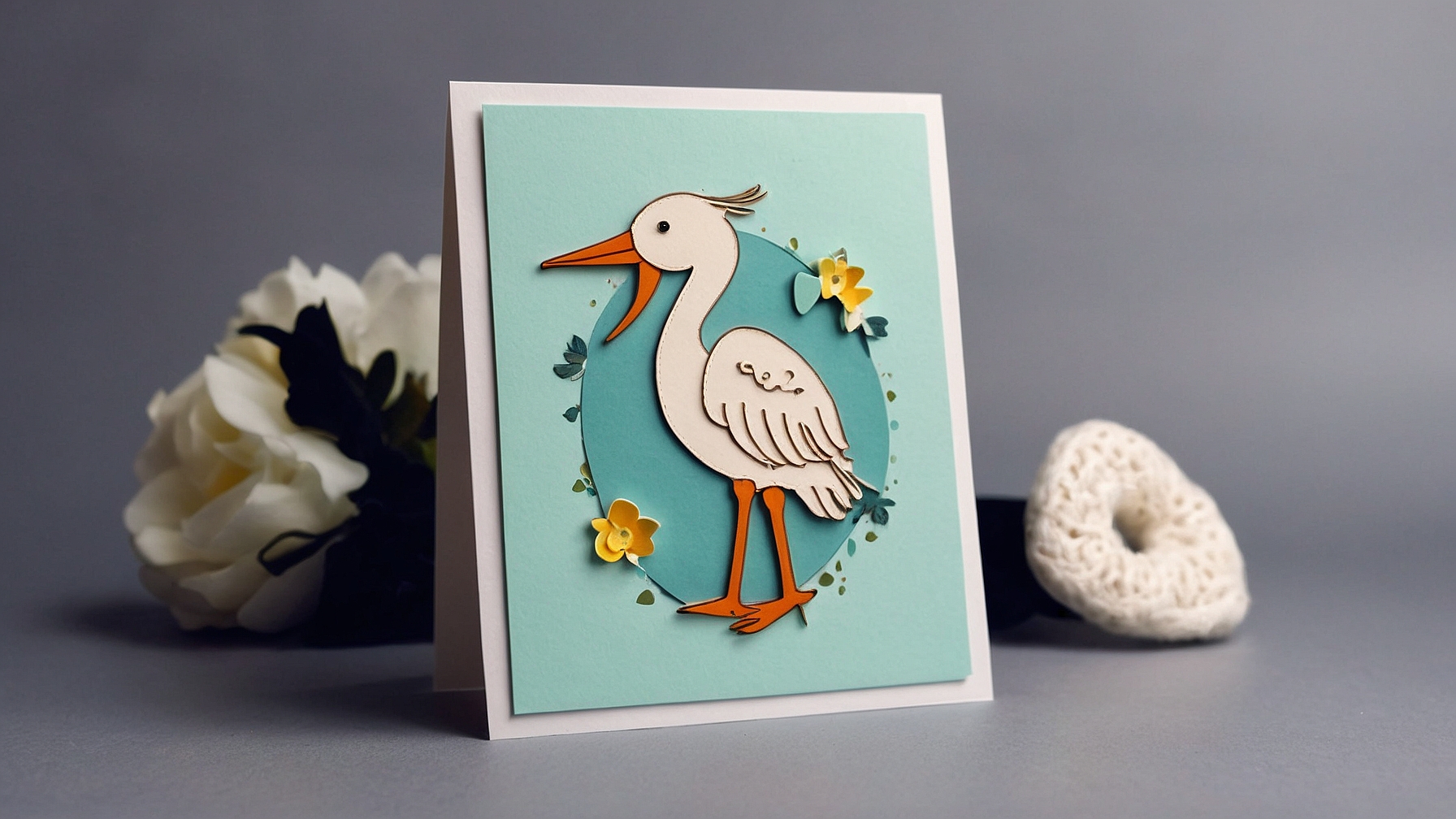 Adorable baby card with a central stork, yellow flowers, and a turquoise-white background celebrating birth.