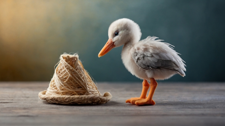Curious duckling on table looking at straw hat with soft light and macro detail on feathers.