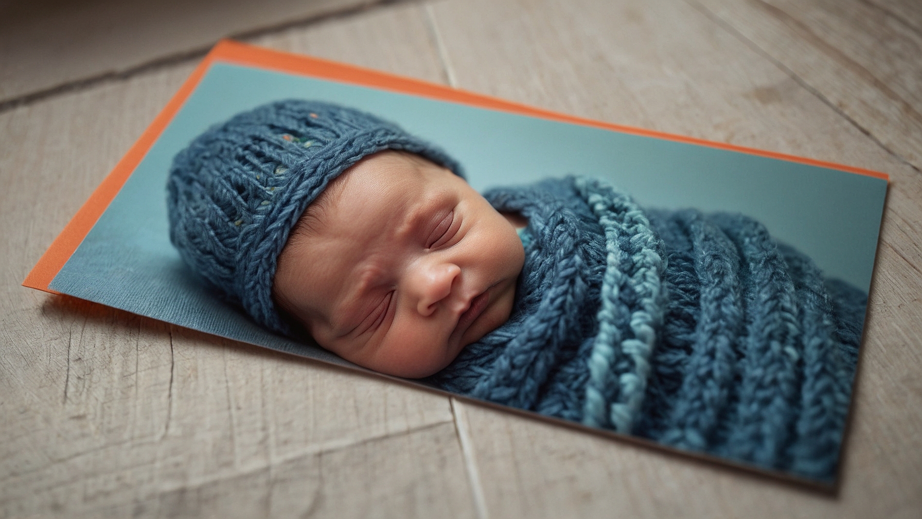 Orange card with sleeping newborn photo in blue cap and blanket on light wood background.