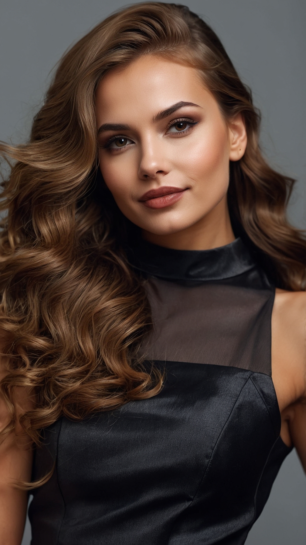Elegant woman with long brown hair in black dress, posing confidently against a gray background.