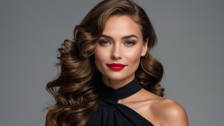 Woman with wavy brown hair and red lipstick smiles confidently in evening wear against gray background.
