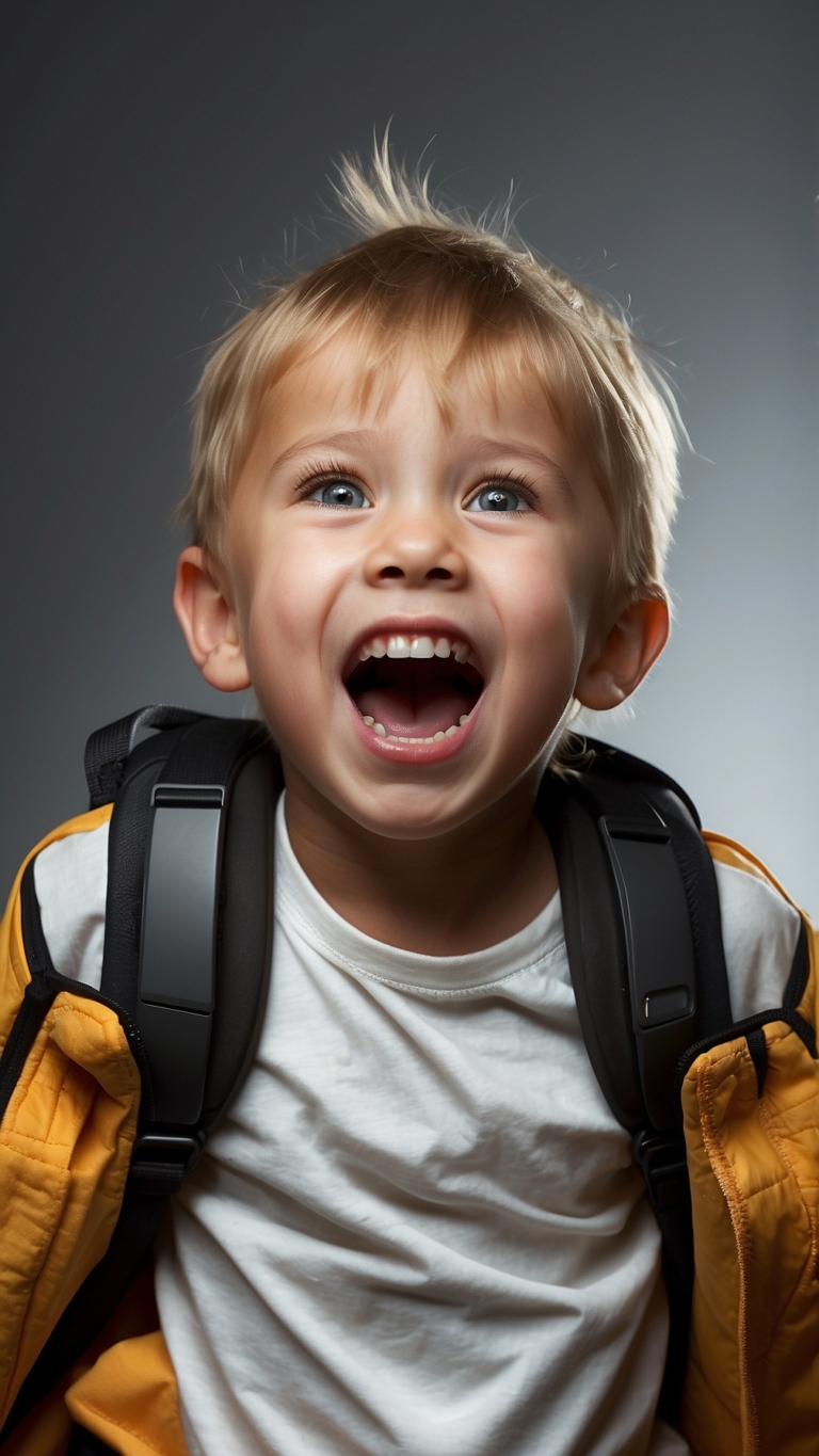 Laughing boy in white T-shirt, yellow jacket, and backpack, portrait on gray background, photo-realistic style.