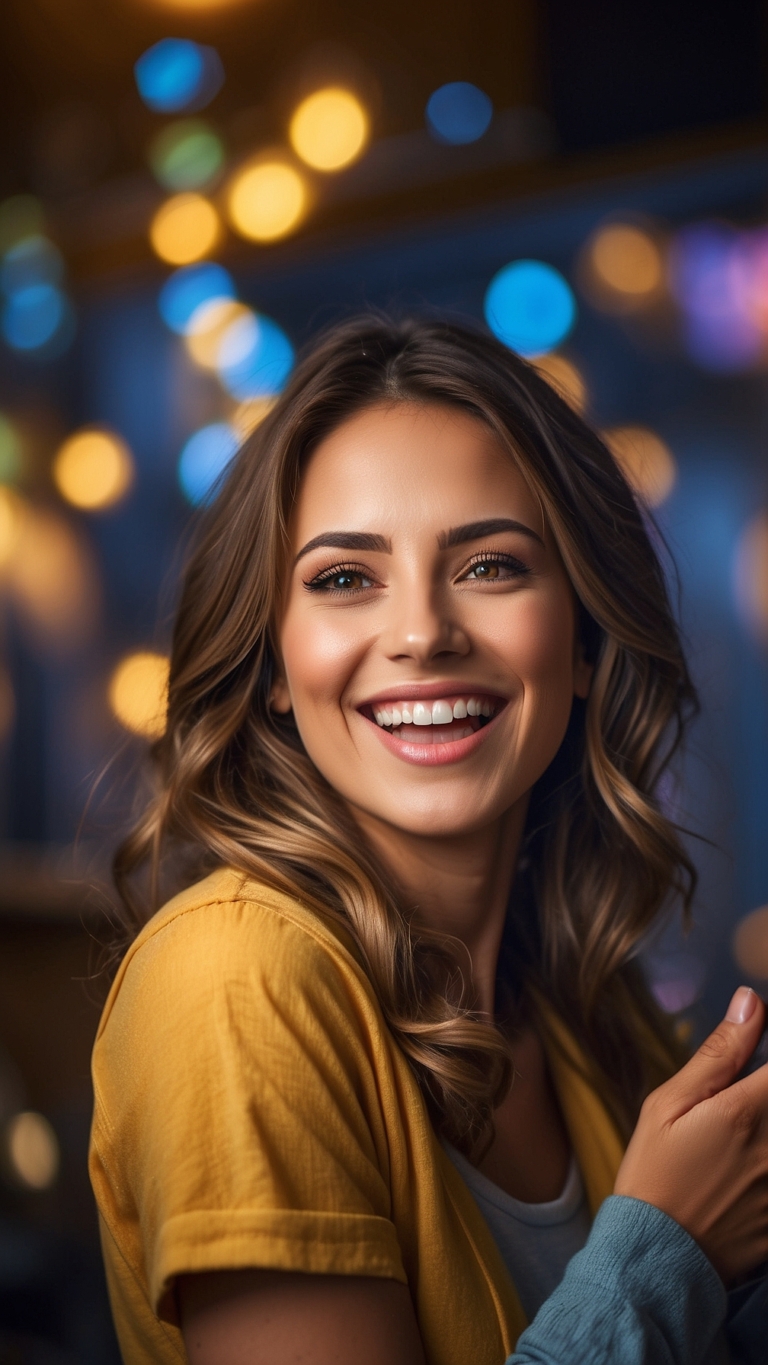 Smiling woman in yellow shirt with brown hair and blue eyes in night restaurant with bokeh lights.