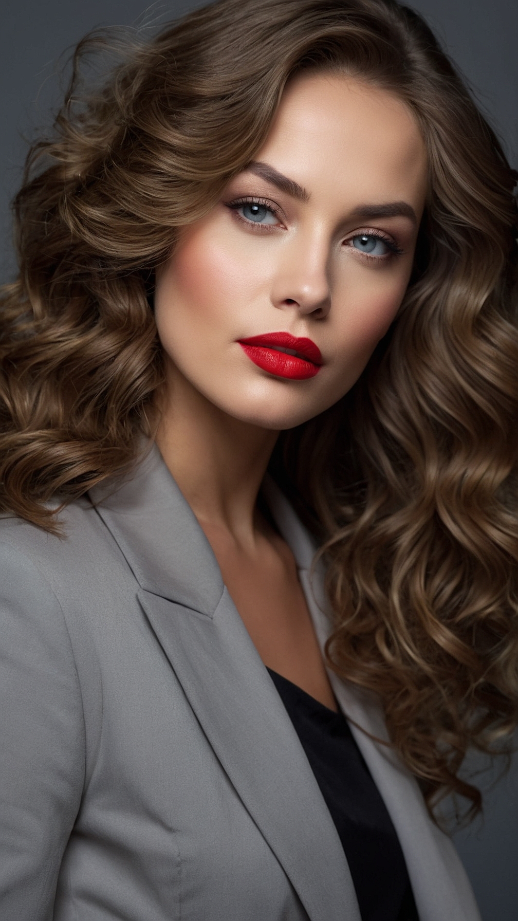 Portrait of woman with wavy hair, gray suit, and red lipstick, looking confident.