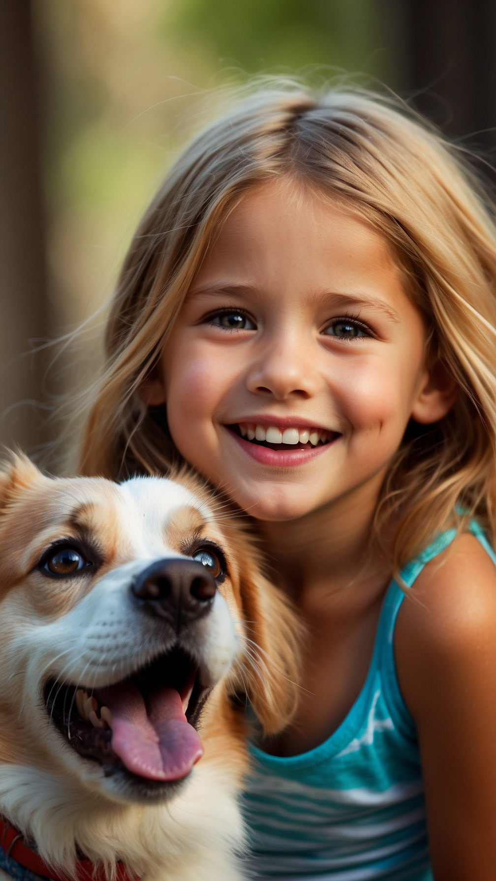 Blonde girl smiling with long-haired dog in her arms, both happy, with blurred background for emotional focus.