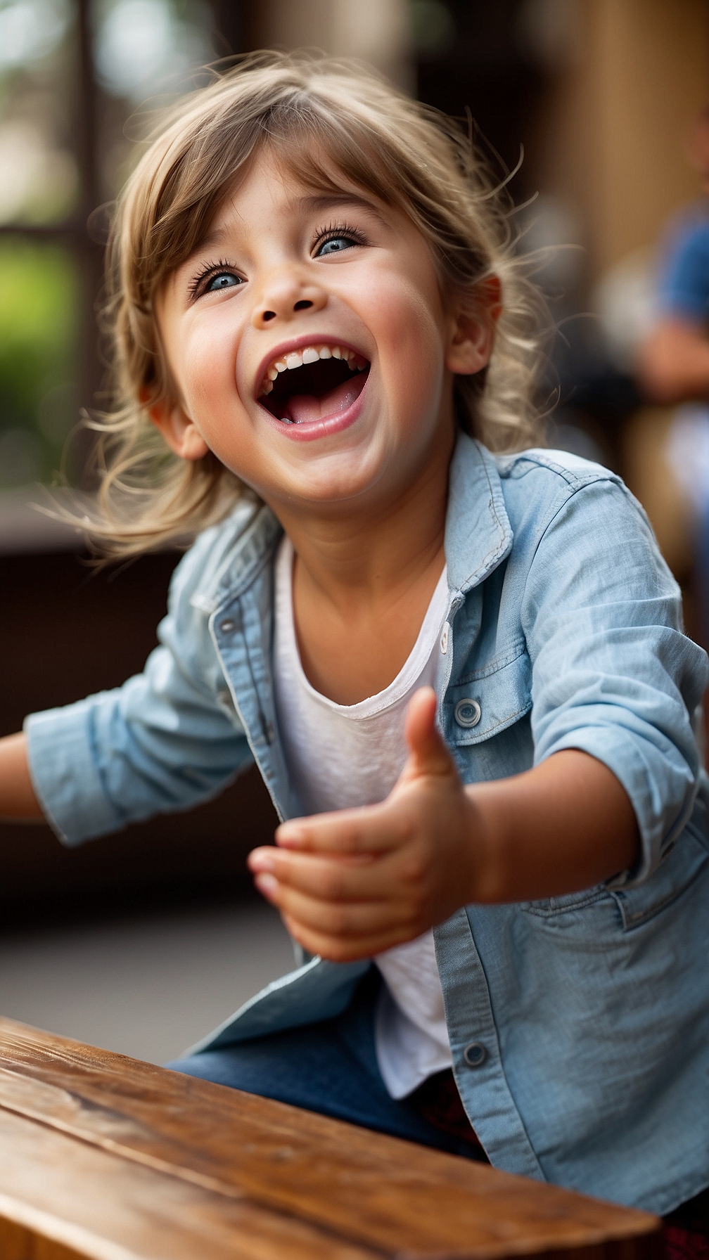 Laughing girl in blue shirt points at something while sitting on a bench outside a restaurant in natural light.
