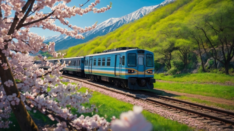 Colorful train travels through green mountains with cherry blossoms, snow-capped peaks, and a clear blue sky in the background.