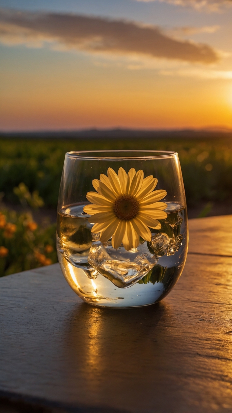 Glass of ice water with daisy sits before a sunset vineyard, captured in a super-realistic photography style.