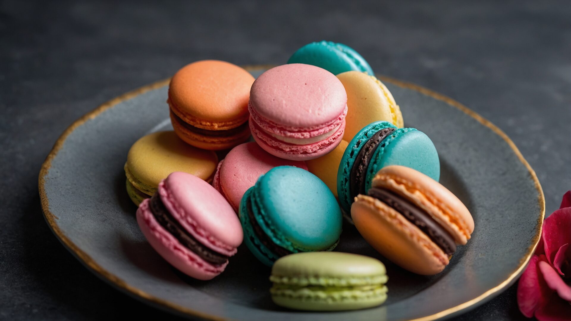 Colorful macarons on a plate with dark background and copy space, styled as a modern bakery dessert concept.