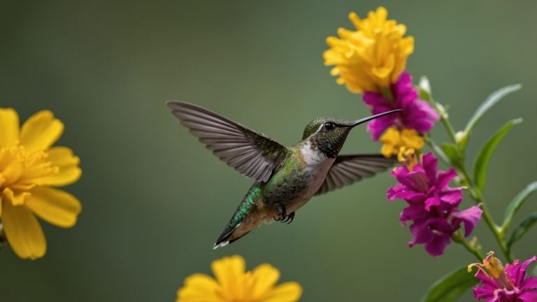 Macro shot of hummingbird hovering near pink and yellow flowers, wings blurred in flight against a colorful floral background.