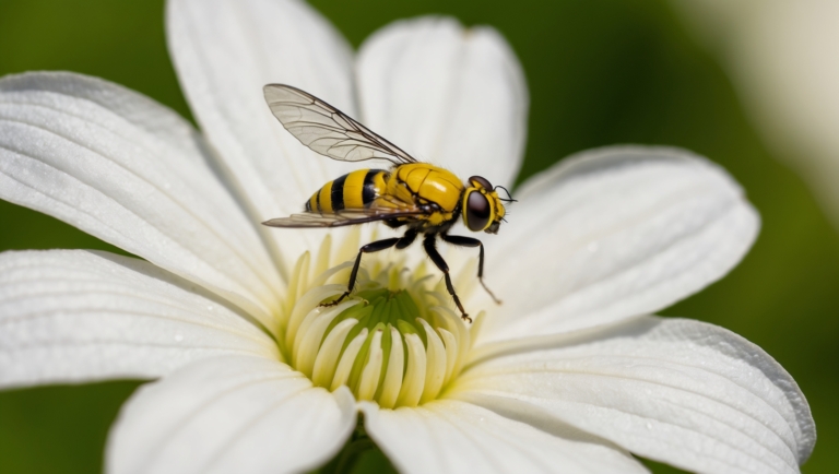 Macro photo of striped fly resting on white flower center, with fine detail on petals and insect.
