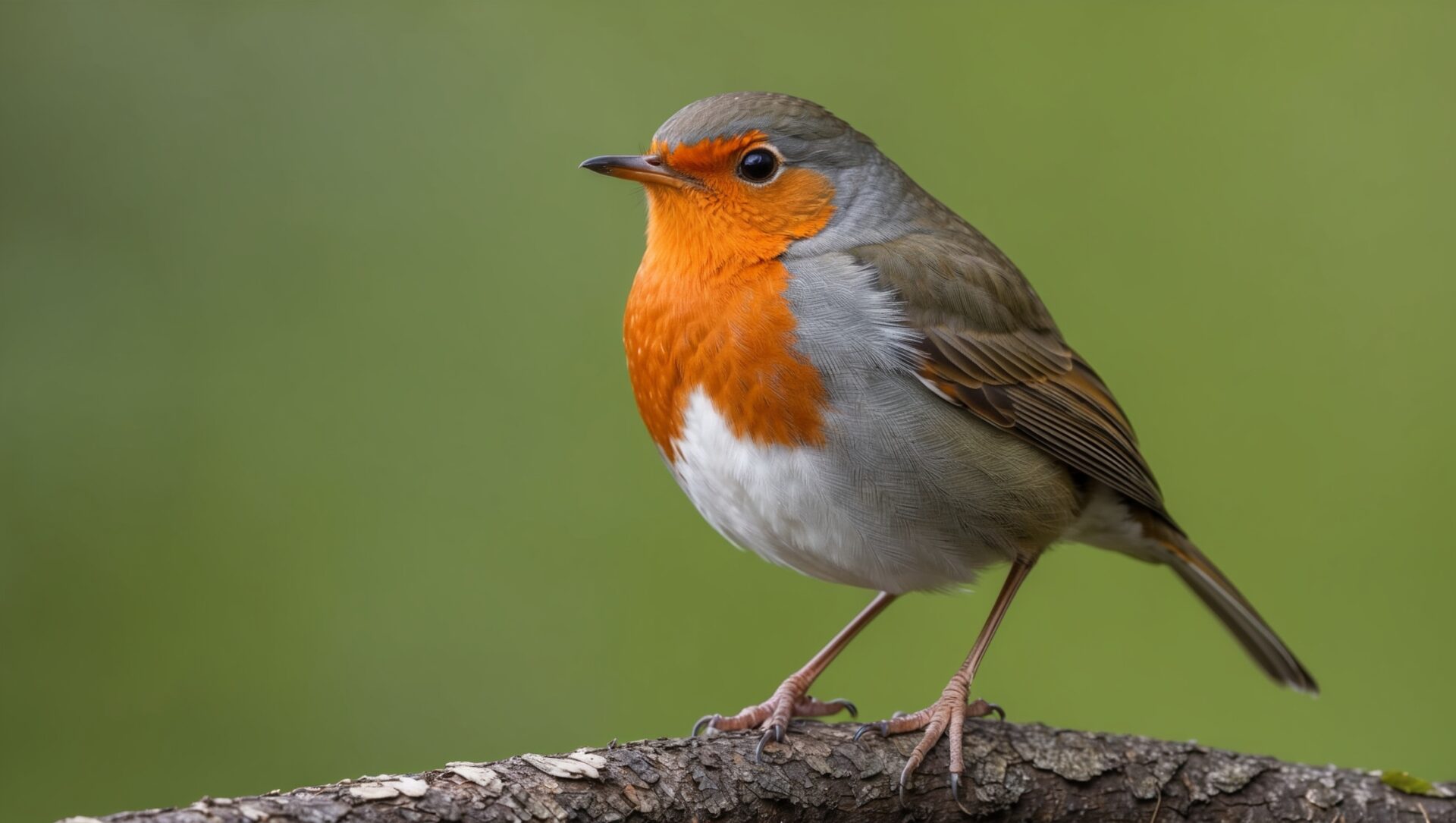 European robin with orange chest perched on old branch, looking right, against a soft green background.