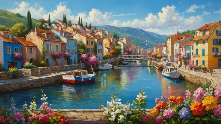 Colorful town with boats, canal, and flowers under blue sky in a serene, sunlit painting surrounded by nature.