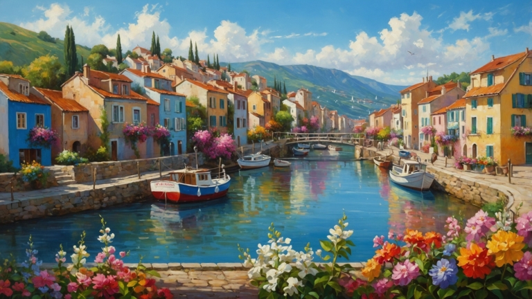 Colorful town with boats, canal, and flowers under blue sky in a serene, sunlit painting surrounded by nature.