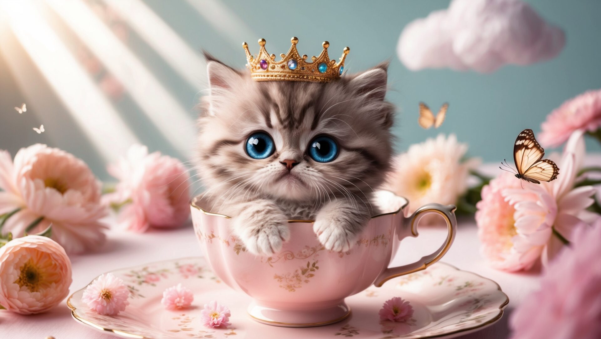 Cute kitten with crown in pink teacup, surrounded by pastel flowers and butterflies on soft background.